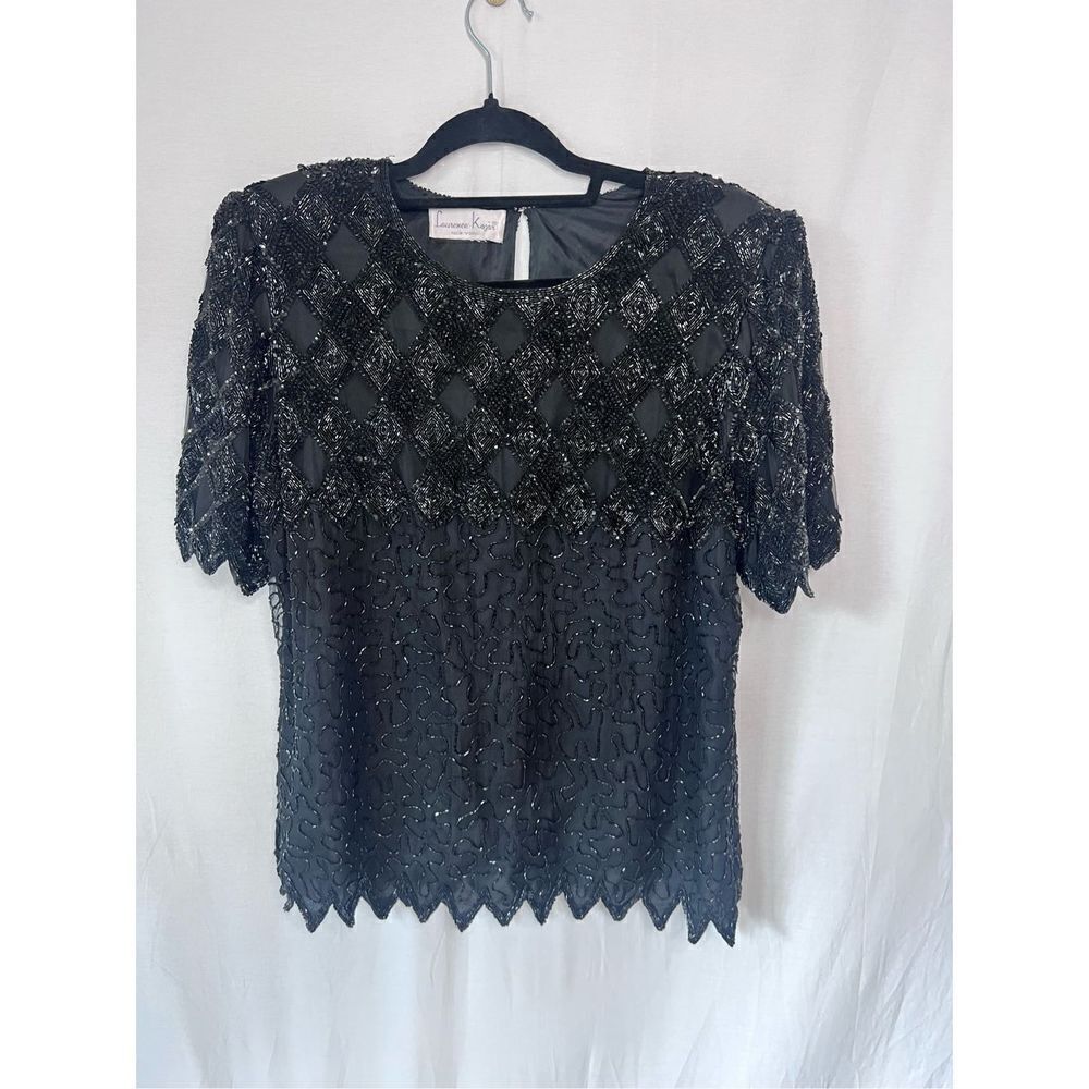 Vintage Laurence Kazar silk beaded blouse formal scalloped hem shoulder pads